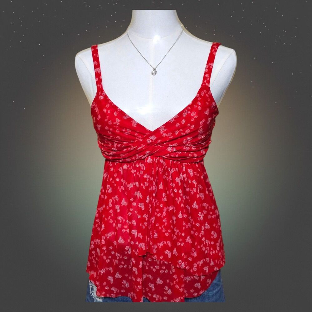 Express‎ Red Floral Twist Front Babydoll Cami Top Y2K Empire Waist Women Small